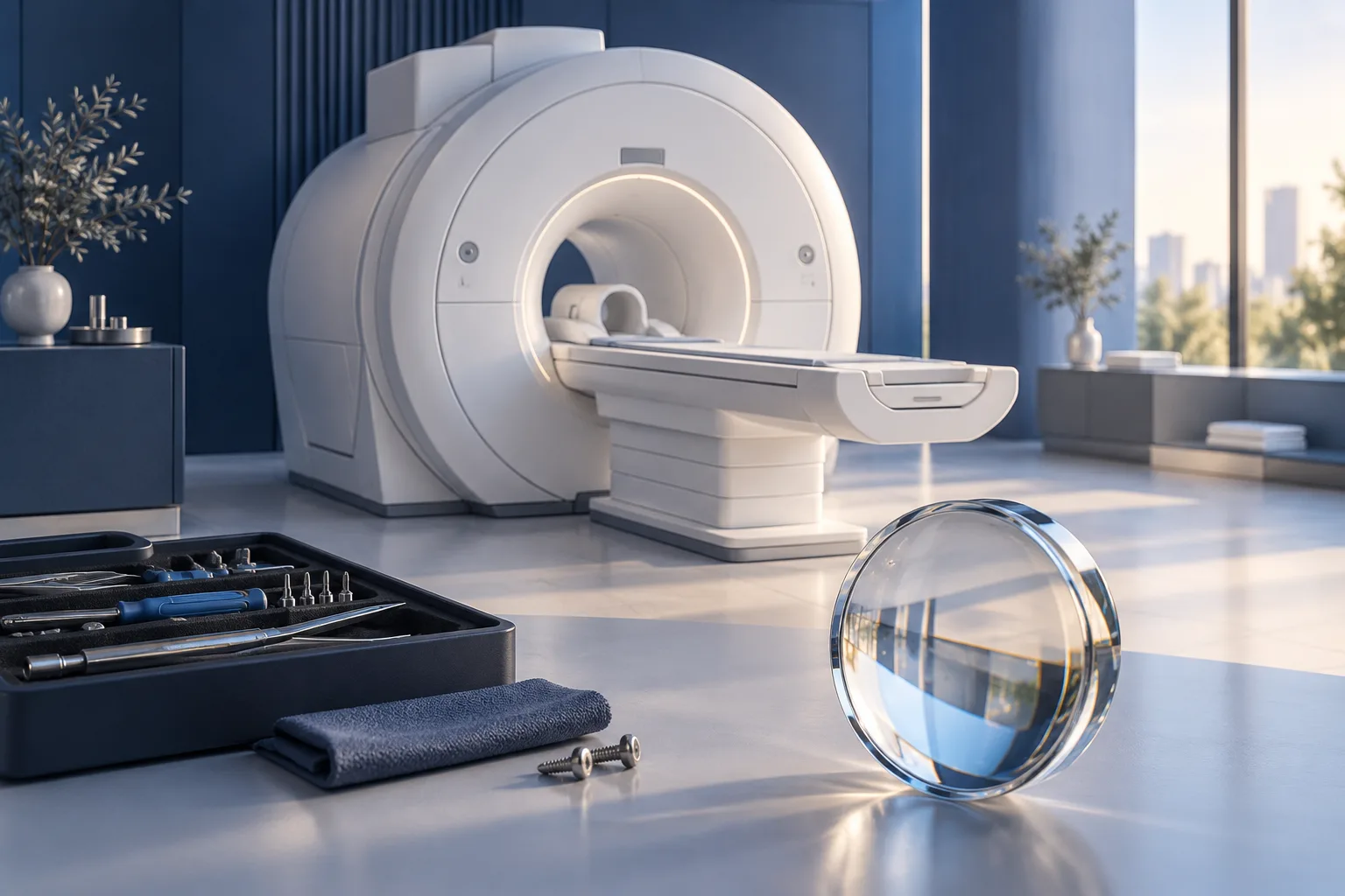 MRI 设备、维修工具与透镜的概念插画